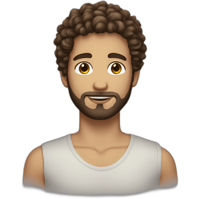 White boy, brown eyes, curly and brown hair on the top and short on the sides, and beard emoji