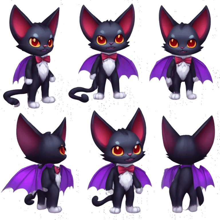 Cute-Evil-Vampiric-Batty-Cat-Black-Purple-Red-White-Contrast-Colors-Fantasy-Fur-Sona-Chibi-Shiny-Fakémon-Hybrid with horns and big fangs neck bow tie leg spats full body emoji