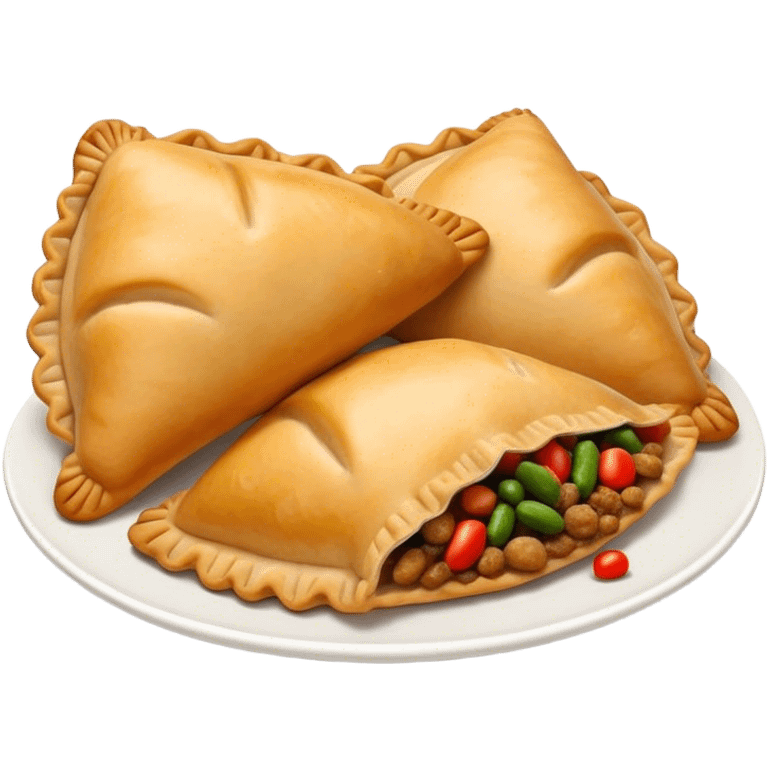 Cinematic Realistic Empanadas Dish Emoji, showcasing crispy fried turnovers filled with spiced meat and vegetables rendered with rich textures and dynamic, appetizing lighting. emoji