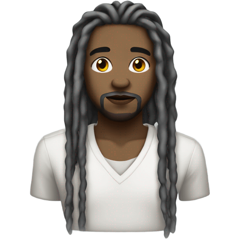 Black man with grey shoulder length dreads  with upside down cross chain emoji