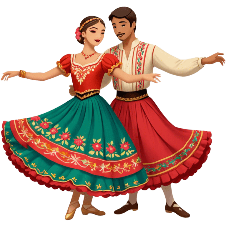 Cinematic Realistic scene of two dancers performing the Tarantella, dressed in vibrant, flowing traditional costumes with detailed embroidery and dynamic skirts, captured in festive motion with warm, lively lighting emoji