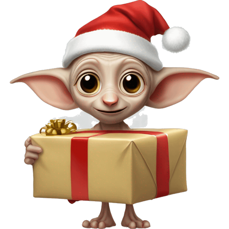 Dobby the house-elf wearing a tiny Santa hat, holding a wrapped gift with his big, joyful eyes shining emoji