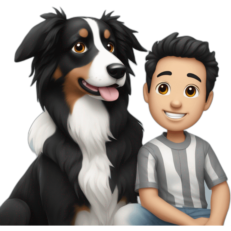 A family photo of a 30-year-old boy with very long black hair next to a black and white border collie emoji