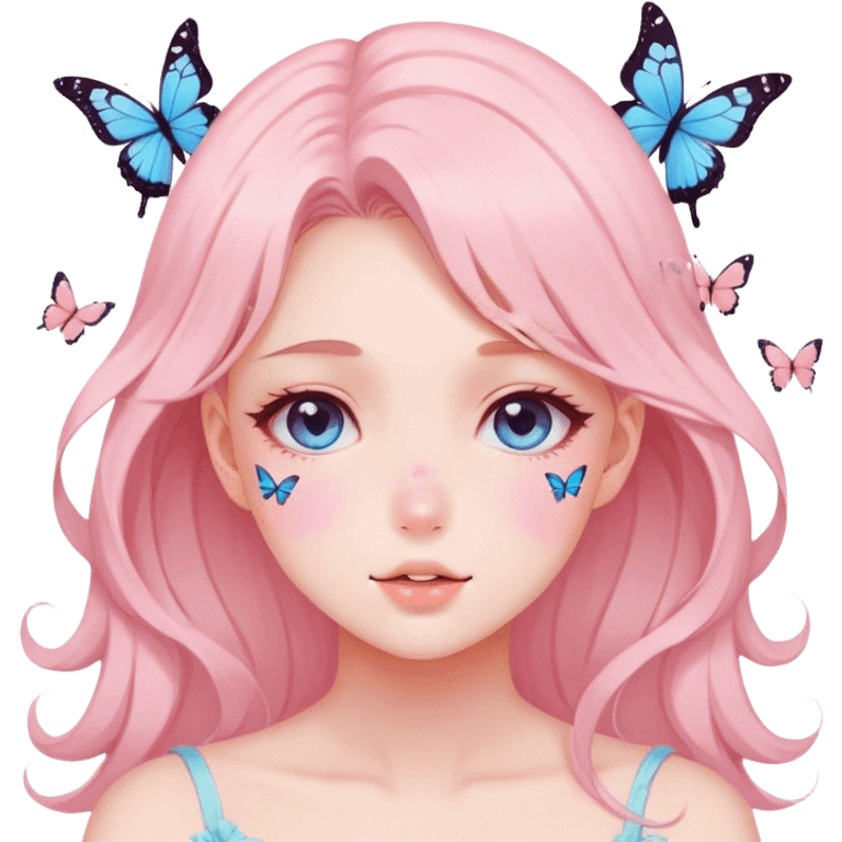 Gorgeous pastel anime style lady with blushing face and butterflies aesthetic trending style emoji