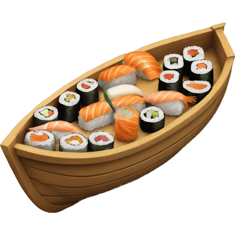 Wooden boat filled with sushi emoji