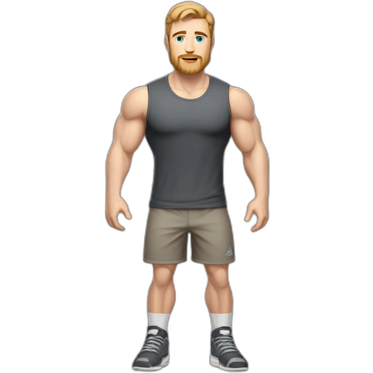 Full height Pale skinned fit man With biceps, Realistic eyes and mouth, light brown hair and stubble In dark gray sleeveless mike, black oversize sports shorts, watch and white sneakers. emoji