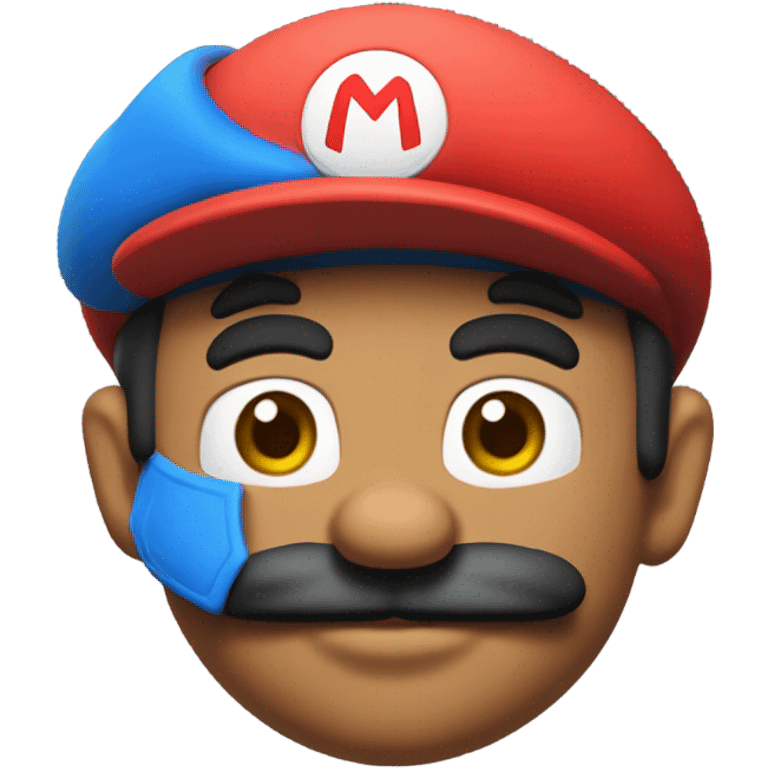 Mario plumber and he is short he is normal skin colored black mustache red hat that says a letter M on it and blue pants with little yellow knobs on them and a red jacket  emoji