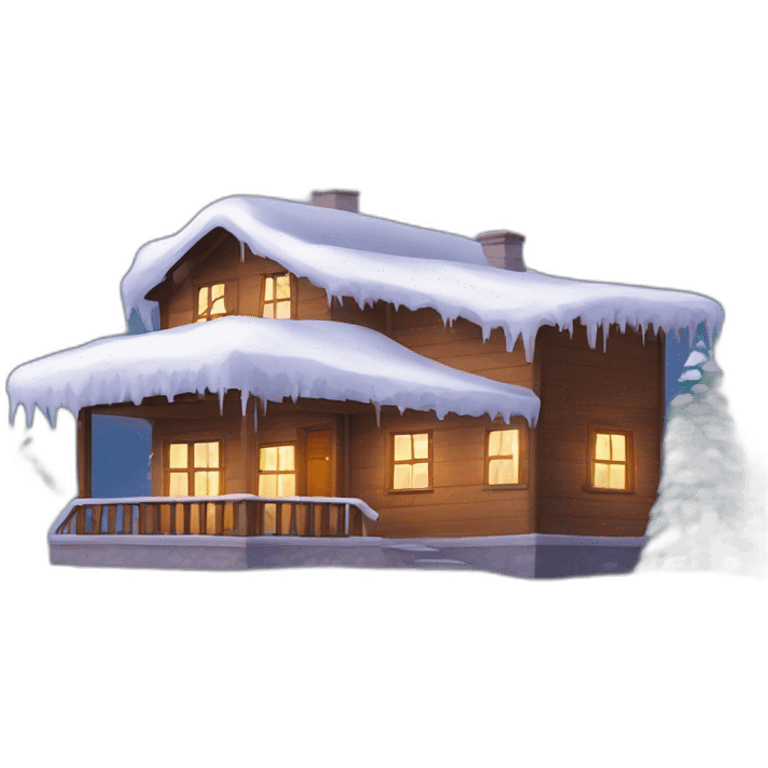 Casa con nieve en el techo y luces calidas emoji