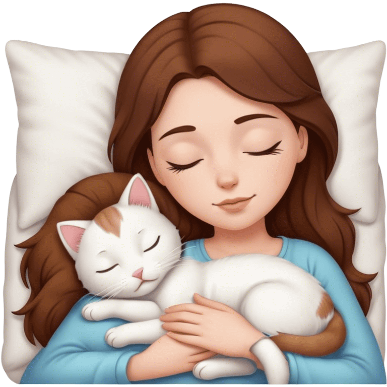 White girl brown hair sleeping with white kitty emoji