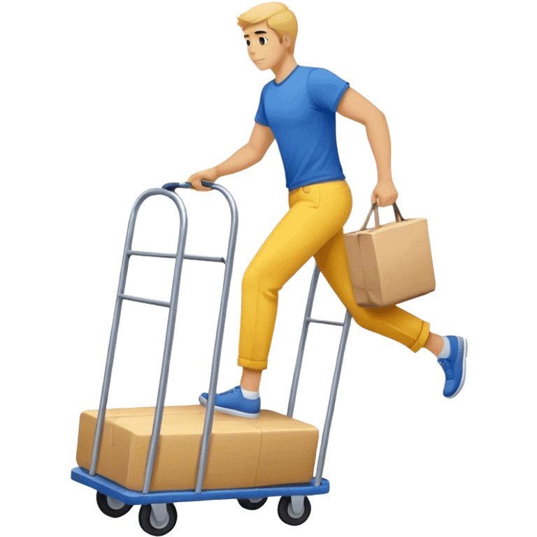 man in blue pants and yellow t-shirt, moving a sofa on trolly emoji