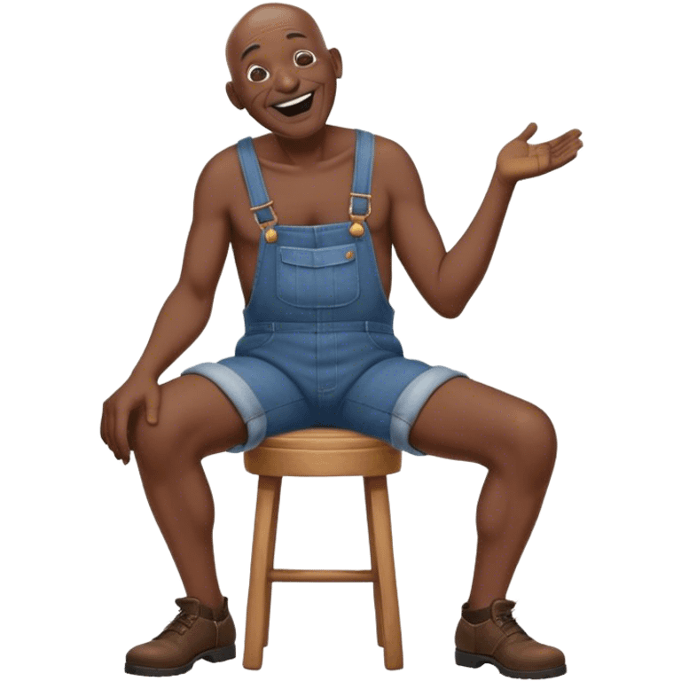 Side view Laughing telling story Old bald blind black man sitting on stool wearing overalls no shirt emoji