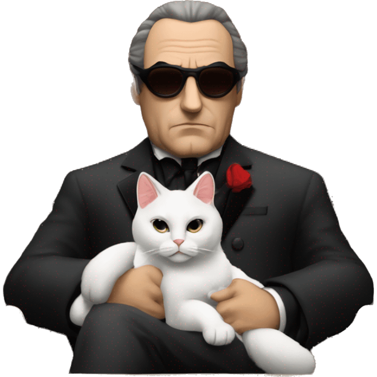 don corleone as a mafia boss sitting on a red chair petting a white cat on his lap emoji