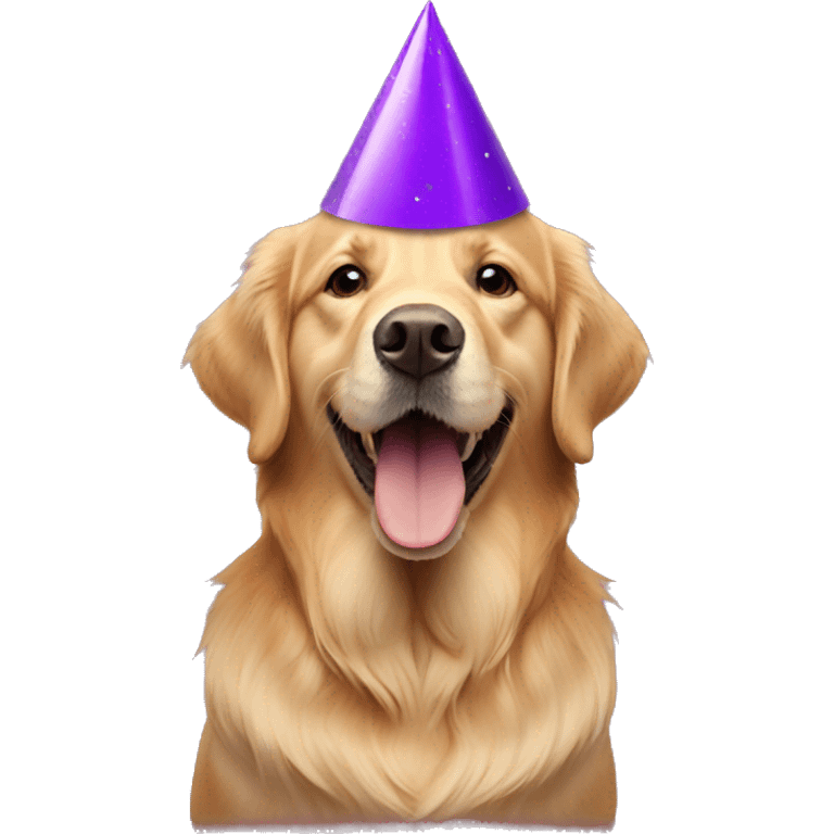 golden retriever wearing purple party hat emoji