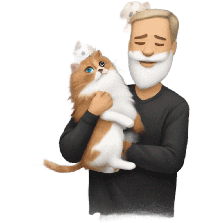 Hombre cargando gato negro con naranja y perro Pomerania blanco emoji