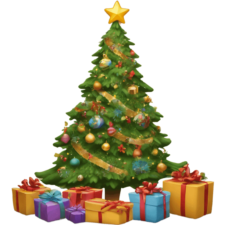 Beautifully decorated Christmas tree with Christmas presents around the base emoji