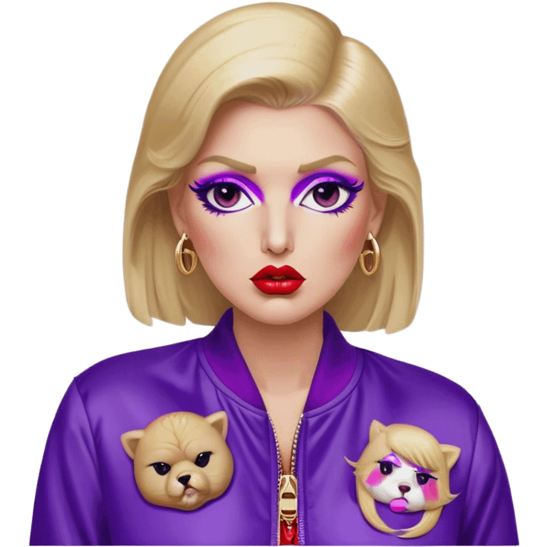 Donald Trump with lush, plump lips with red lipstick on. He has on thick eyelashes and has purple nail polish on his long, sharp nails. He has a Gucci purse on his right shoulder. He has a Nike jacket on and has a beauty mark under his right eye. emoji