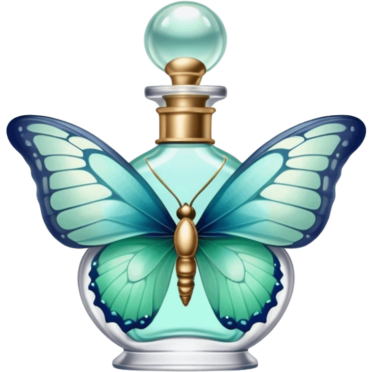 A delicate butterfly with pastel green and blue wings resting on a vintage glass perfume bottle with golden details. emoji