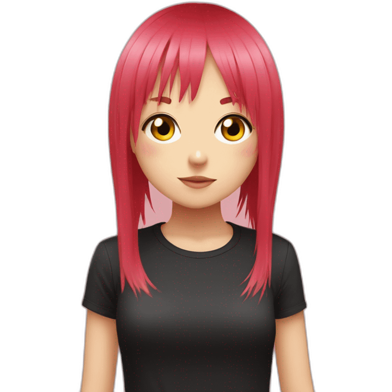 (gril) makima from the manga chainsawman with pink/red hair fringe, yellow eyes with a circle inside and a black shirt emoji