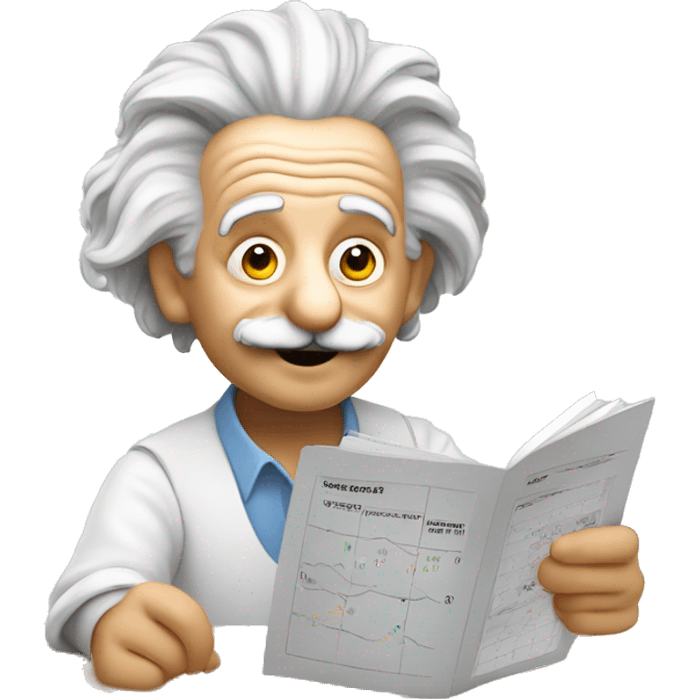 happy albert einstein holds metrics chart page in his hand emoji