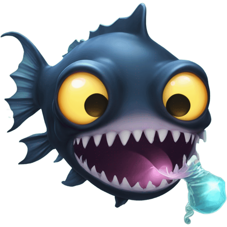 Anglerfish with a glowing lure hanging from its forehead, sharp teeth, and big eyes. emoji