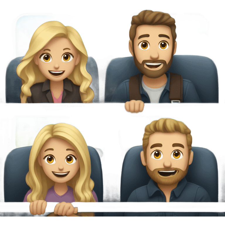 A woman with long dark hair and a woman with long blond hair, a bearded man with long dark hair and a man with short blond hair and sunglasses sitting in a booth on a train laughing . They are all white emoji