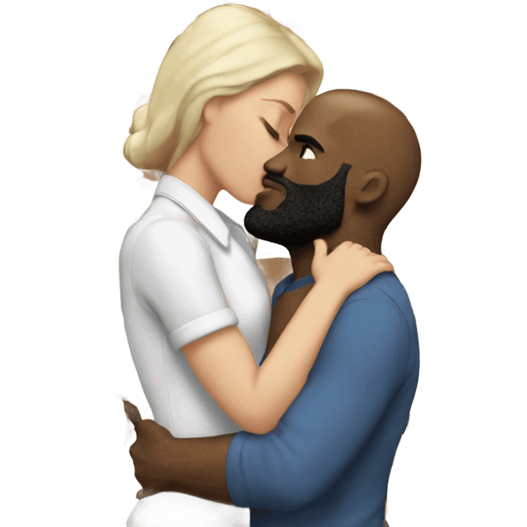 White brunette kissing muscular black bald man with beard emoji