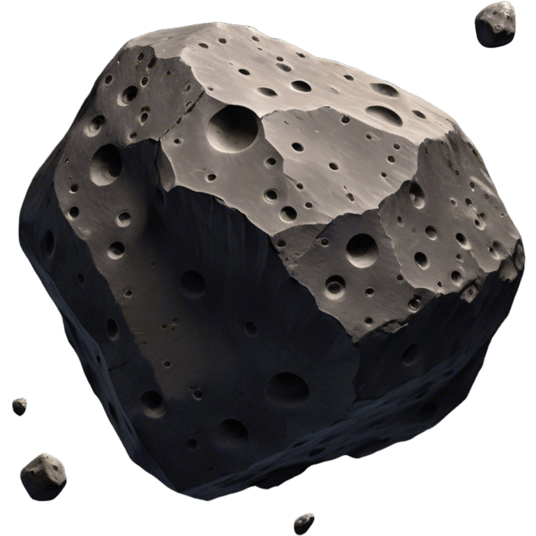  Cinematic Realistic Asteroid – A massive, irregularly shaped rock floating through the void, its cratered and pitted surface showing signs of ancient impacts. The harsh light from a nearby star reveals detailed textures and rugged, jagged edges. emoji