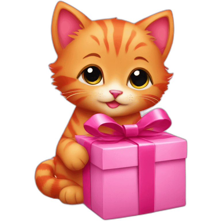 cute red kitten with a pink gift in his paws emoji