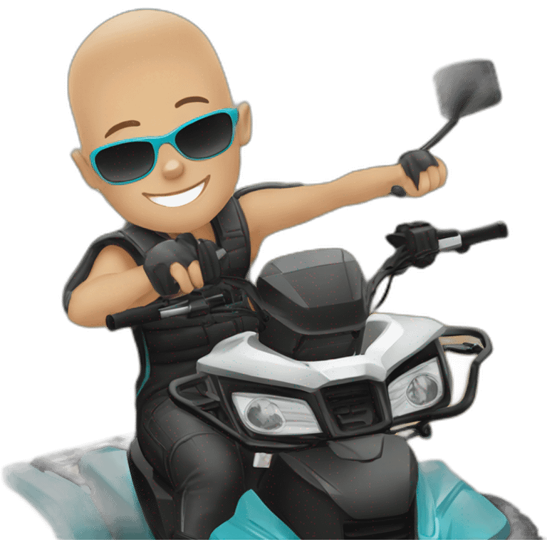 Young man on atv quad cfmoto, no hair, sunglass emoji