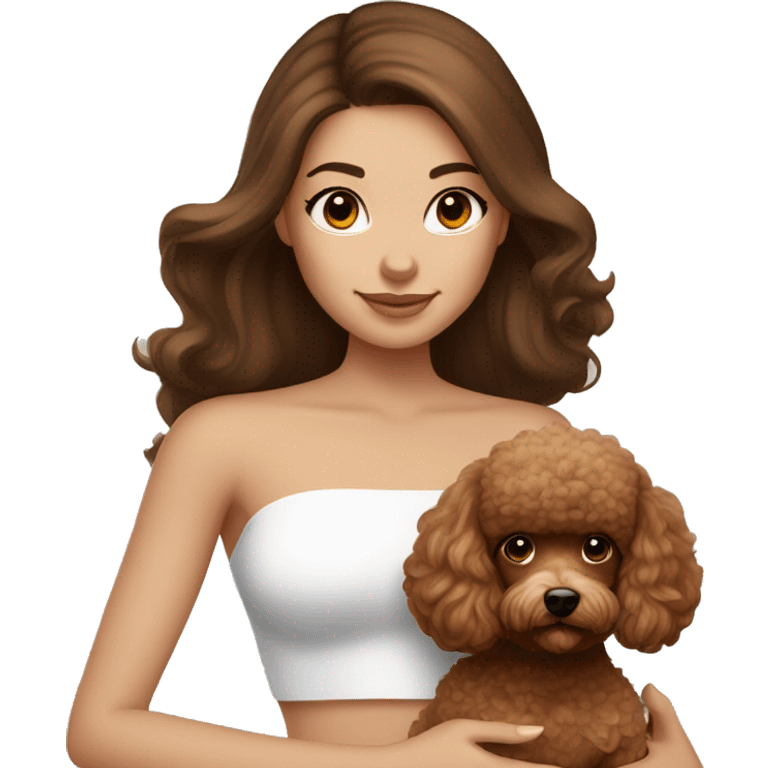 Brunette straight hair girl , in white strapless top holding a brown toy poodle emoji