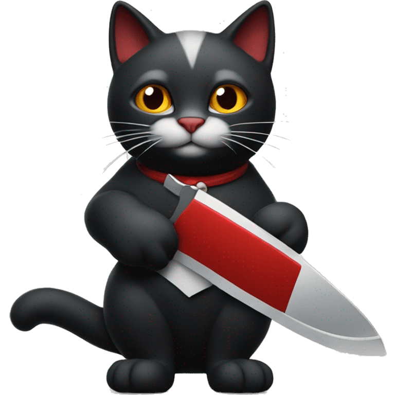 A cunning black red white cat holds a knife  emoji