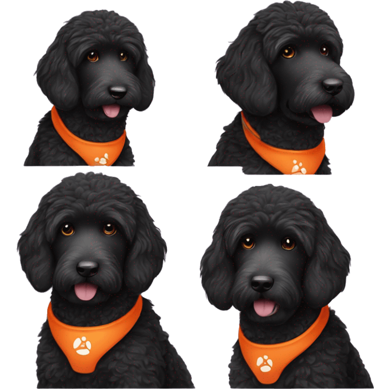 black labradoodle wearng bright orange over the ear airpod max's emoji