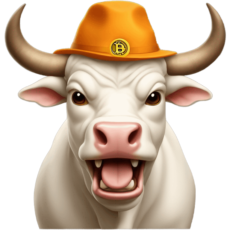 Bull ready to charge wearing bitcoin hat emoji