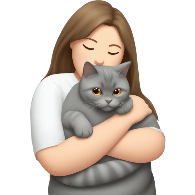 fat British shorthair grey cat hugging long brown hair white woman emoji