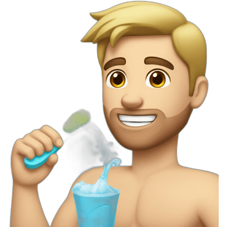 Caucasian guy with dark short hair brushing his teeth shirtless emoji