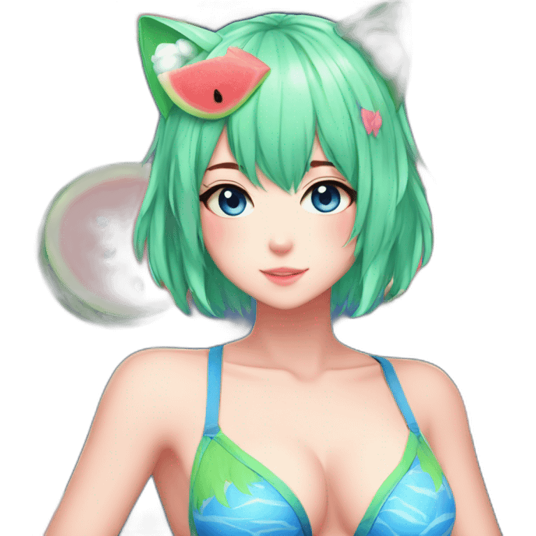 anime hot catgirl egirl pink hair blue eyes swim suit watermelon emoji