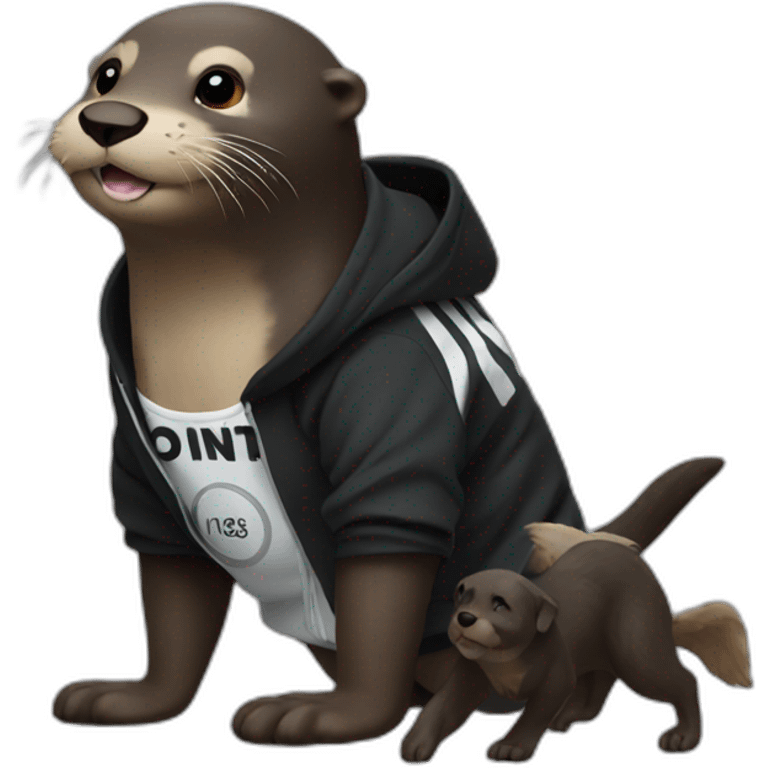 otter in black adidas hoodie playing with a dog emoji