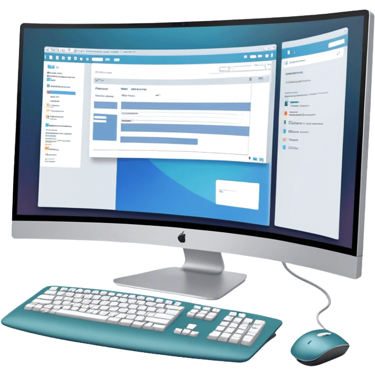 Create an emoji for UX/UI design. Show large curved monitor displaying windows with UX/UI design HTML program interface. Include a mouse, keyboard, and stylus next to the screens. Use modern, professional colors. Do not include any emojis or smiley faces. Make the background transparent. emoji