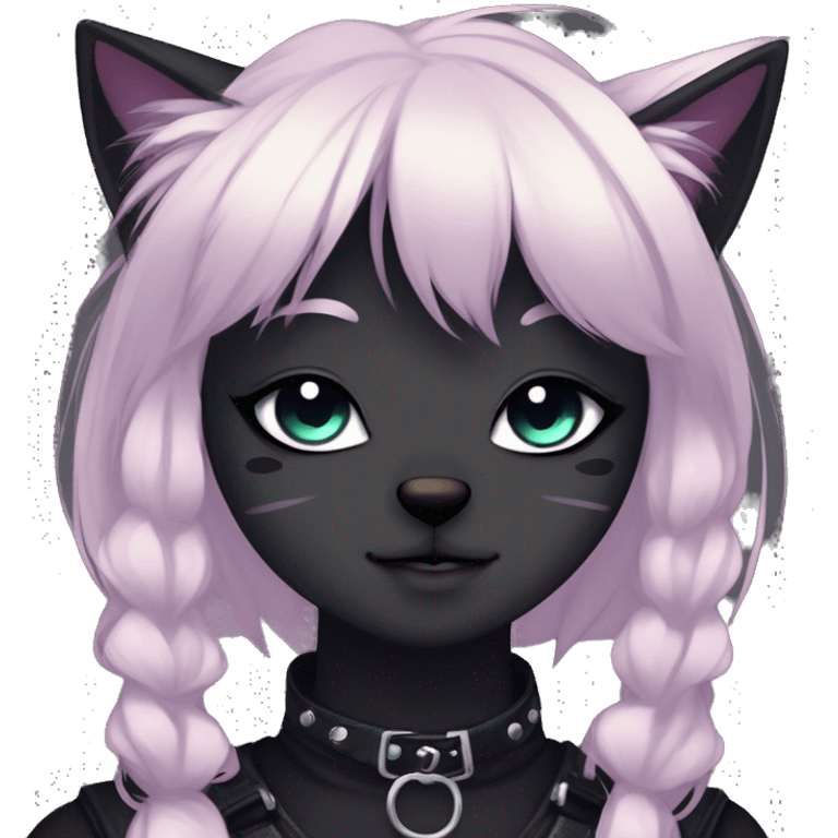 Gorgeous furry gothic dark techwear anime style anthro black cat furry sona with blushing face aesthetic and pretty edgy black with collar and harness trending style emoji