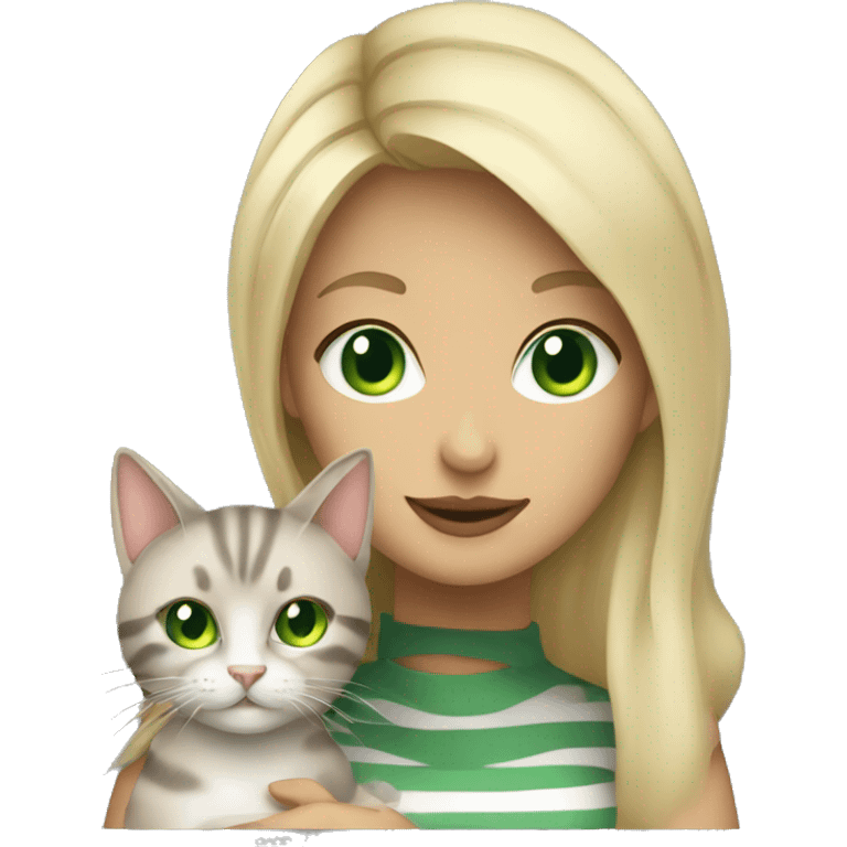 blonde woman green eyes holding gray striped cat emoji