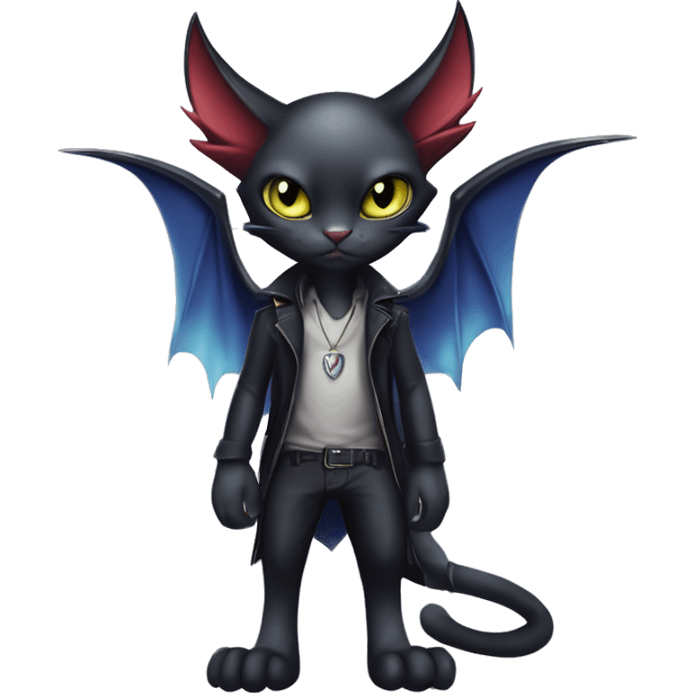 Cute edgy cool vampiric dark eldritch fantasy cat-vernid-Fakémon-Digimon with bat-wings as ears full body emoji