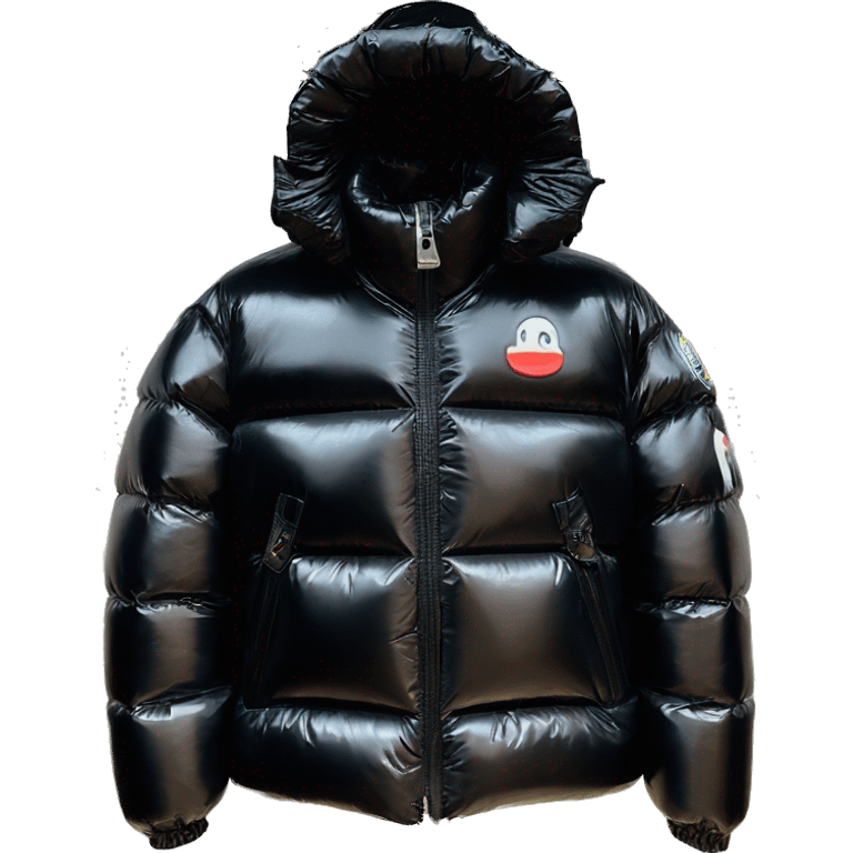 Moncler puffer jacket black shiny with logo emoji