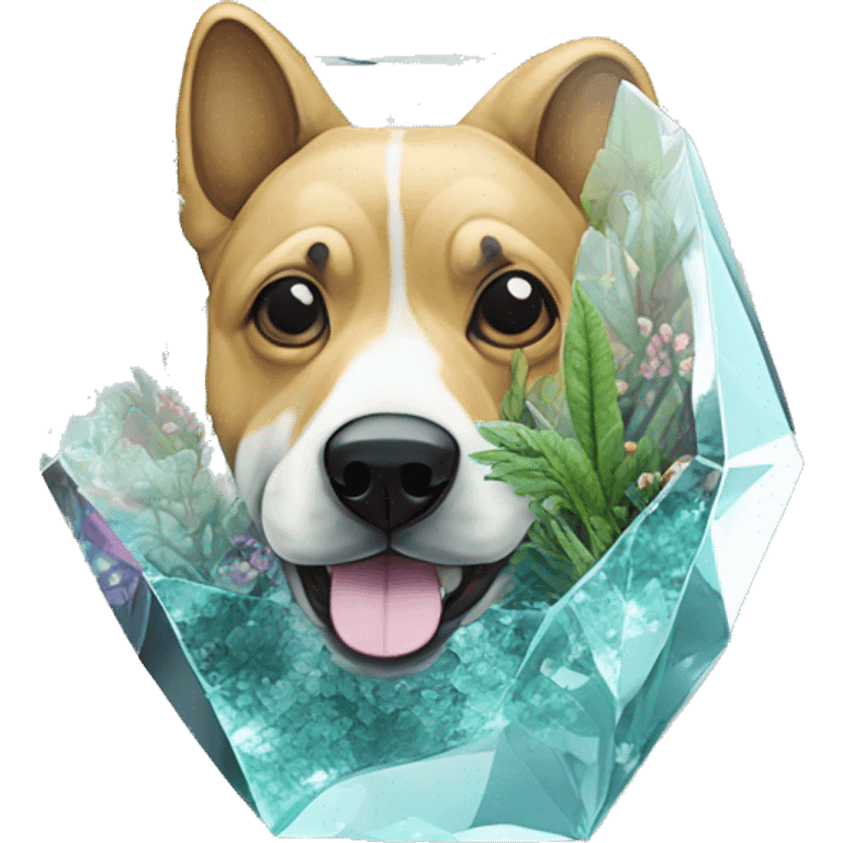 A dog made of glass mirror crystals prisms glass transparent filled with plants as a terrarium with graffiti doodles emoji