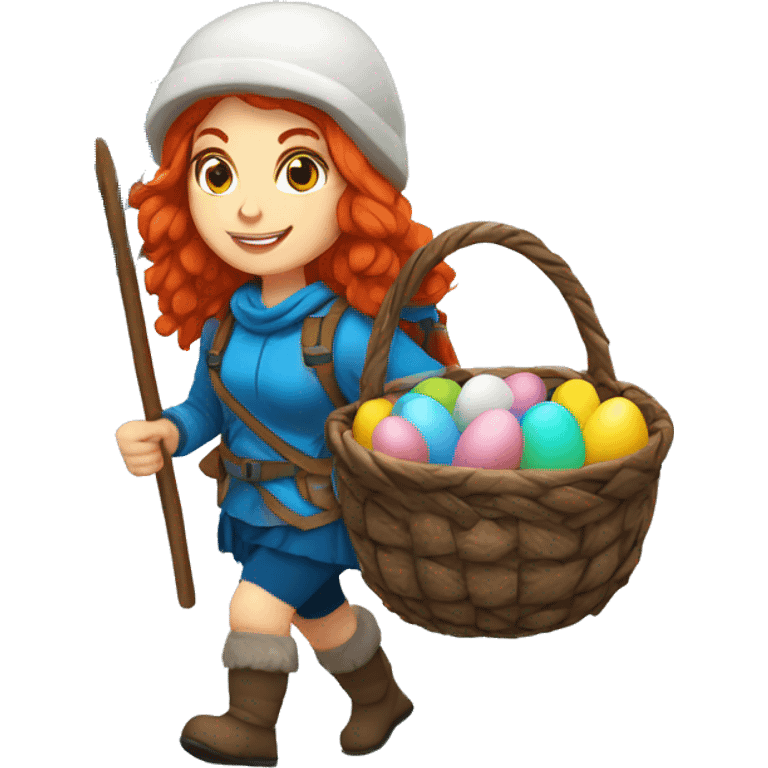 Greek Female winter mountaineer red hair white skin climbing with Greek Flag and Easter eggs basket emoji