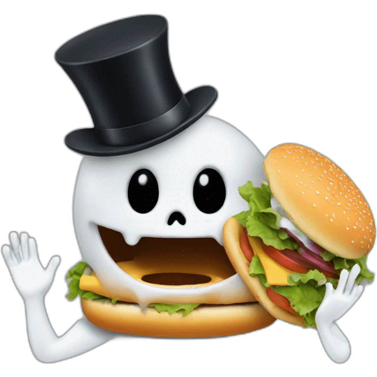 A ghost with a top hat eating a burger emoji