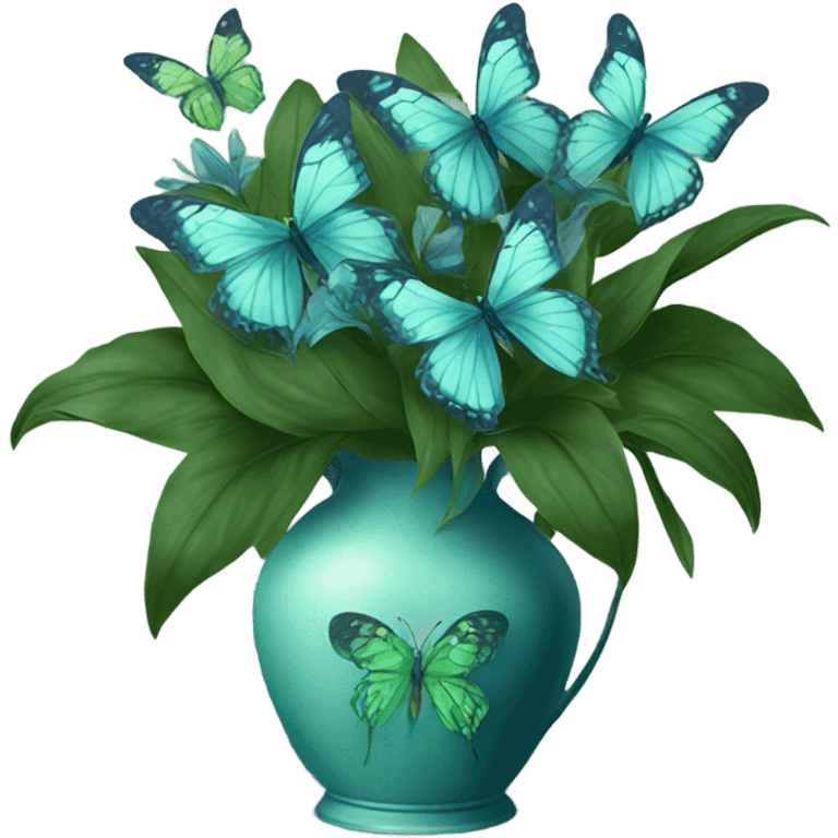 Aesthetic butterfly with blue and green  wings sitting on a dark blue bouquet of Lilies in a pastel green vase emoji