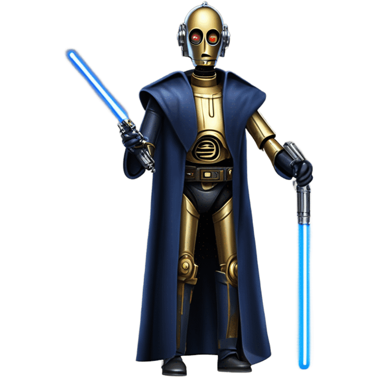 well-equipped jedi first order human-sized darkblue-pearl C3po as a friendly bounty hunter droid wearing a leather attire old west duster coat holding light saber ready to fight but relaxed. antiqued emoji