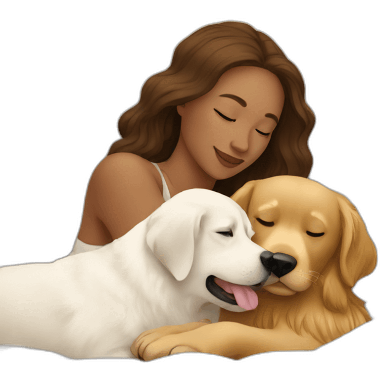 Woman in white bed cuddling a golden retriever emoji