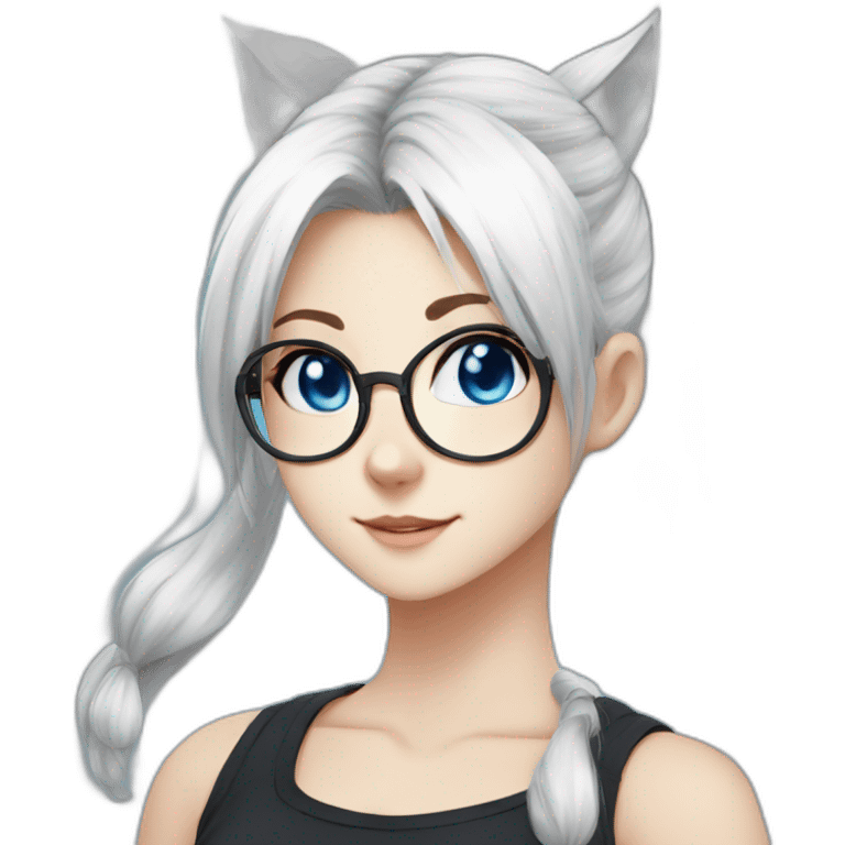 anime style white hair catgirl, black glasses, tank top, pony tail hair, blue eyes emoji