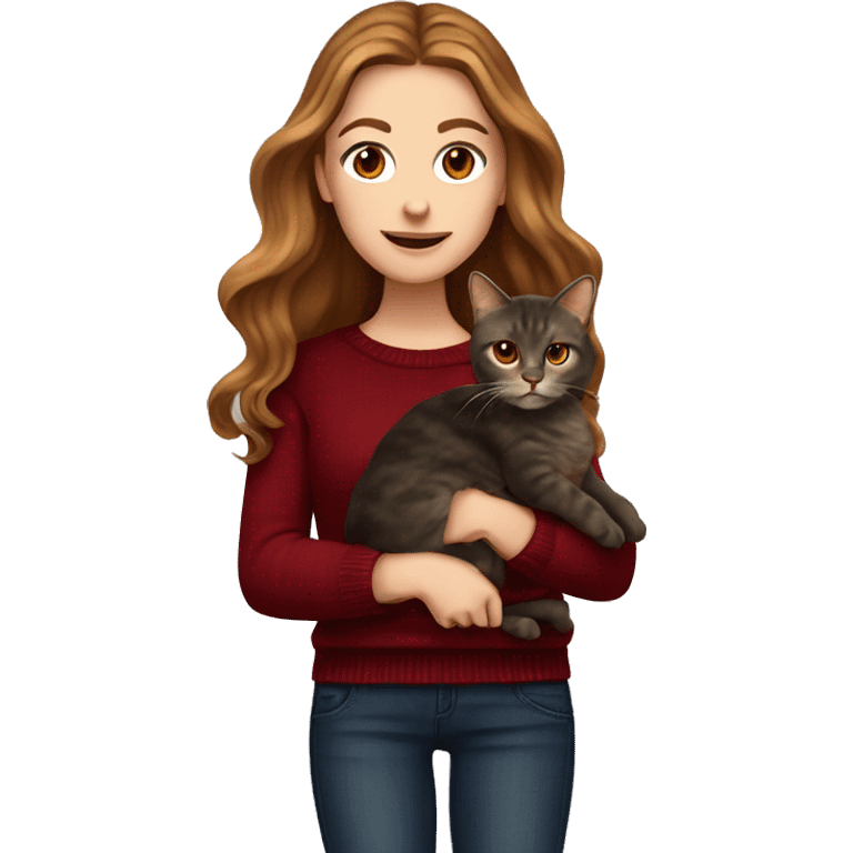 White girl with brown long wavy hair holding a tortoiseshell cat and wearing a dark red sweater with dark jeans emoji